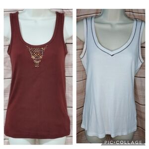 Eddie Bauer lot of 2 tank tops beaded scoop neck redwood brown vneck white blk S
